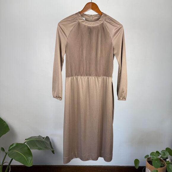 Vintage 70s Taupe Champagne Pleated Belted Midi Dress - Picture 2 of 9